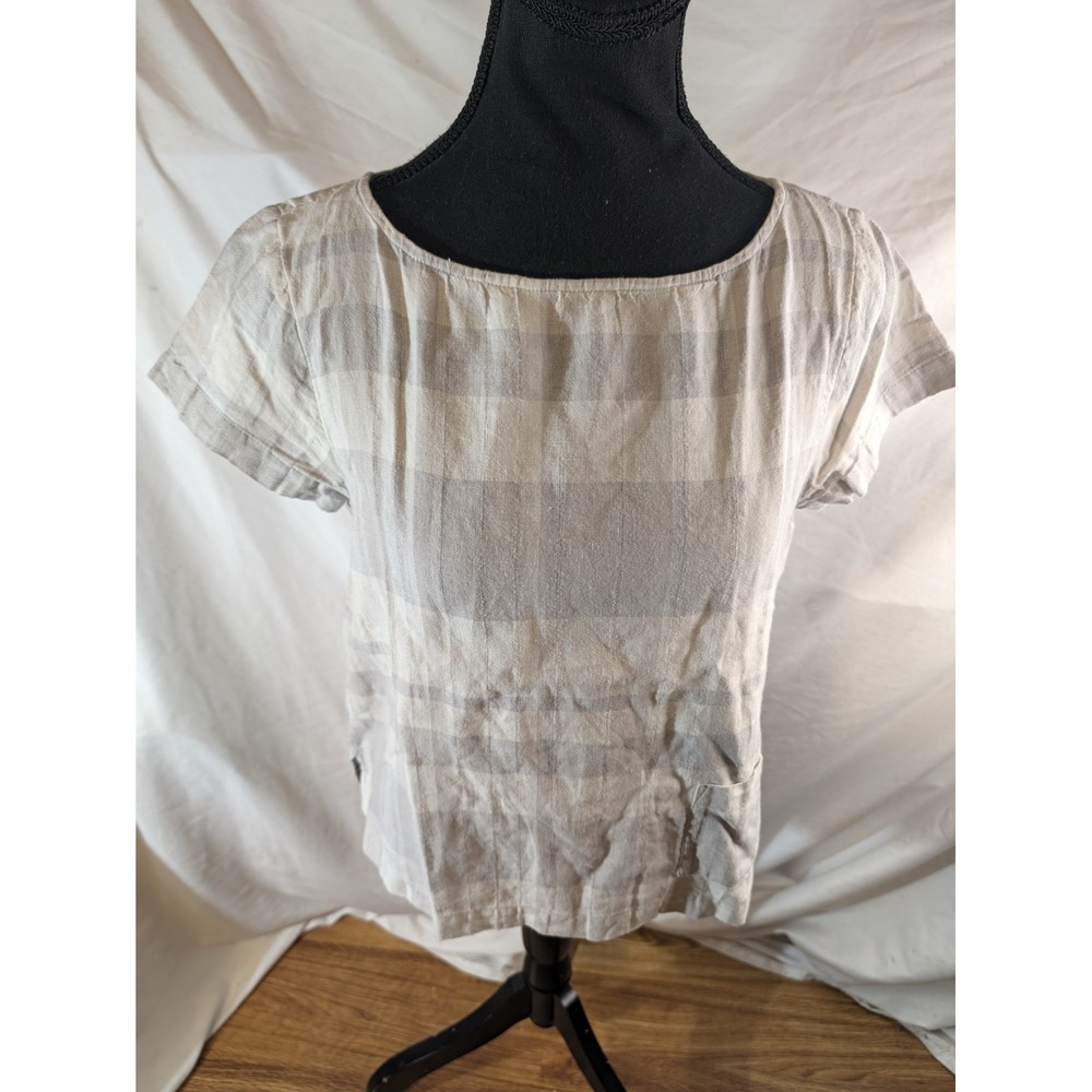 Eileen Fisher Organic Linen Blend Plaid Boxy Top Short Sleeve Pocket Gray XS